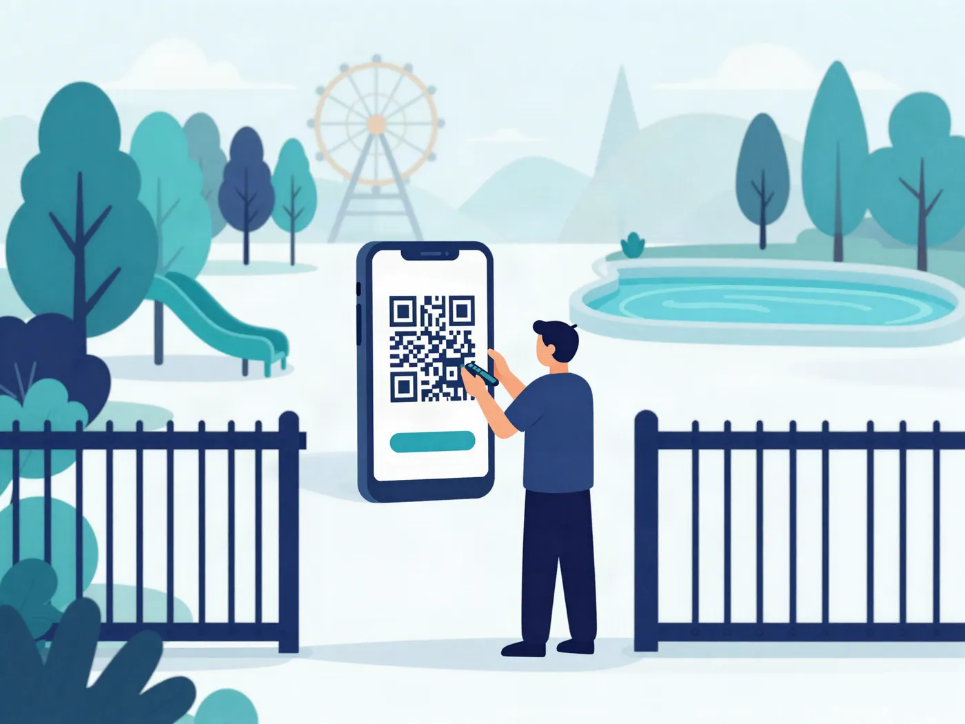Illustratie: iemand toont bij de ingang van een park de QR-code van zijn ticket op zijn telefoon