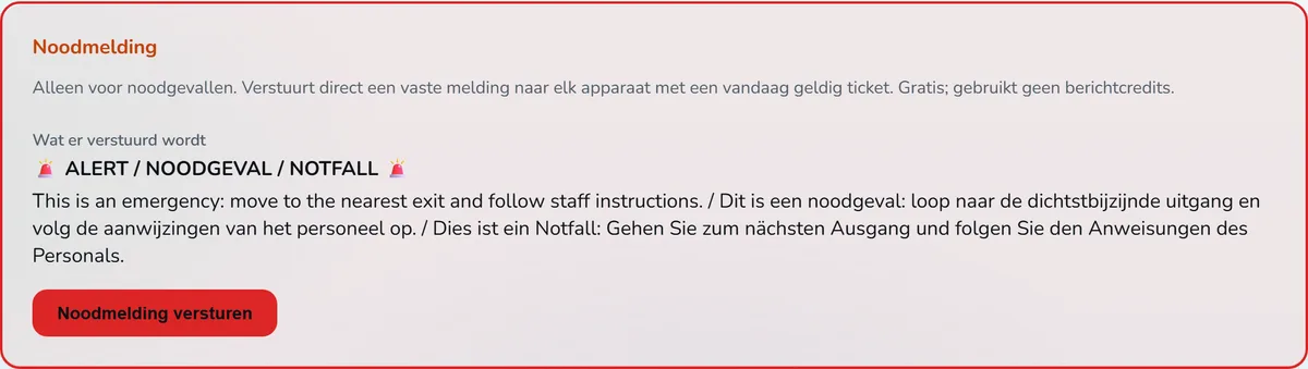 Tixit-Dashboard: die Notfallmeldung mit ihrem festen Text in drei Sprachen