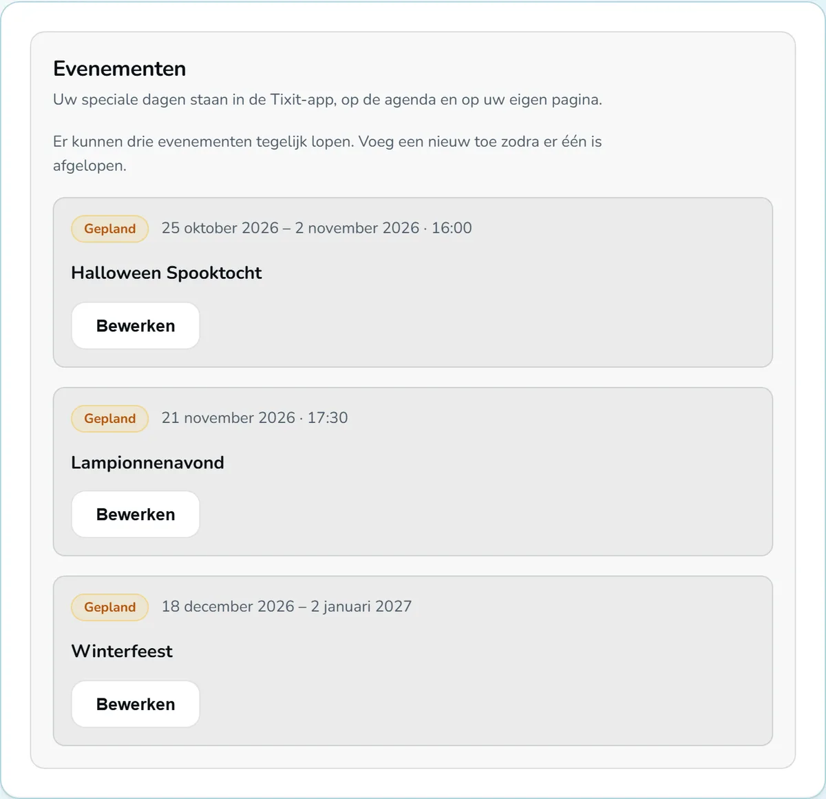 Tixit-Dashboard: Veranstaltungen für den Kalender in der App