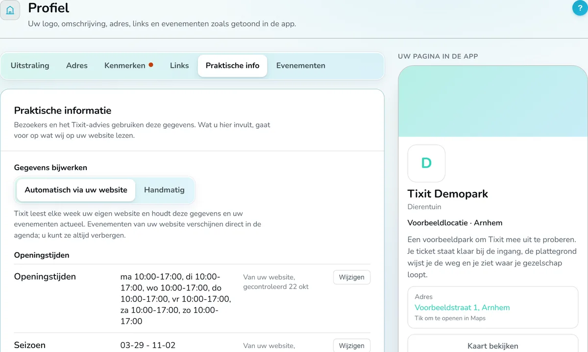 Tixit-Dashboard: praktische Informationen, die Tixit von der Website liest