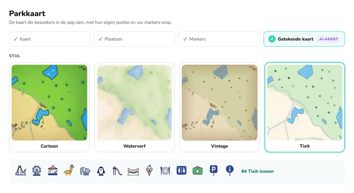 Tixit-Dashboard: der Parkplan in vier gezeichneten Stilen, mit Tixit-Symbolen für Markierungen