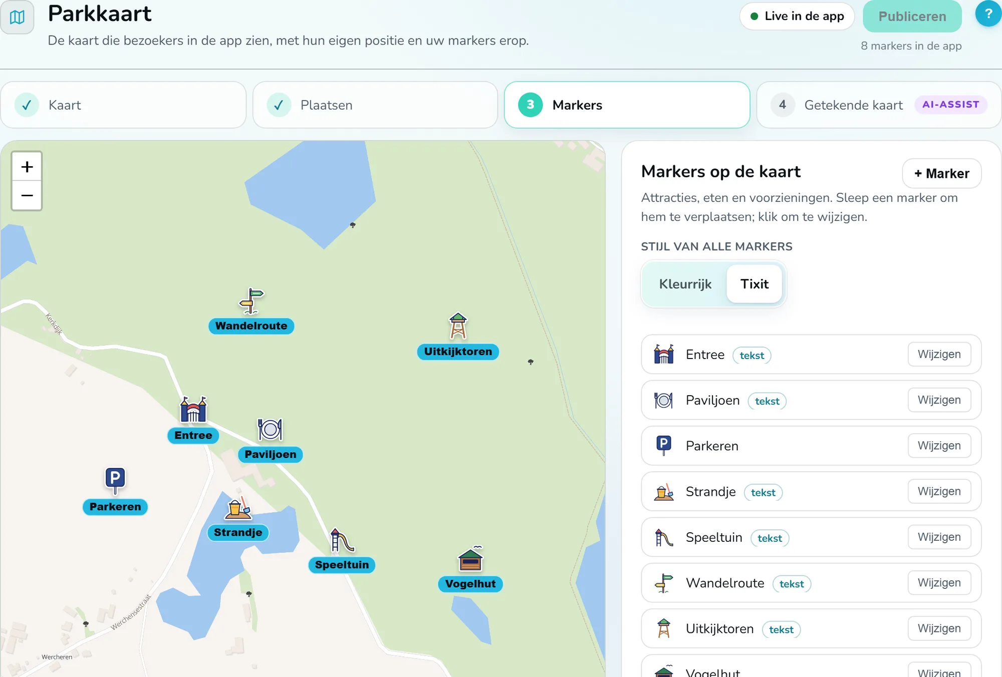 Tixit-Dashboard: Markierungen mit den Tixit-Symbolen auf den Parkplan setzen, als Entwurf, den Besucher noch nicht sehen