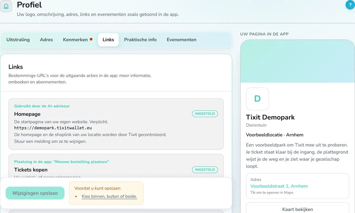 Tixit-Dashboard: die Links zur eigenen Website und zum Webshop
